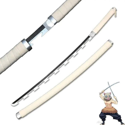 Demon Slayer – Inosuke Hashibira Dual Serrated Nichirin Katanas (Wooden Replica – 104 cm)