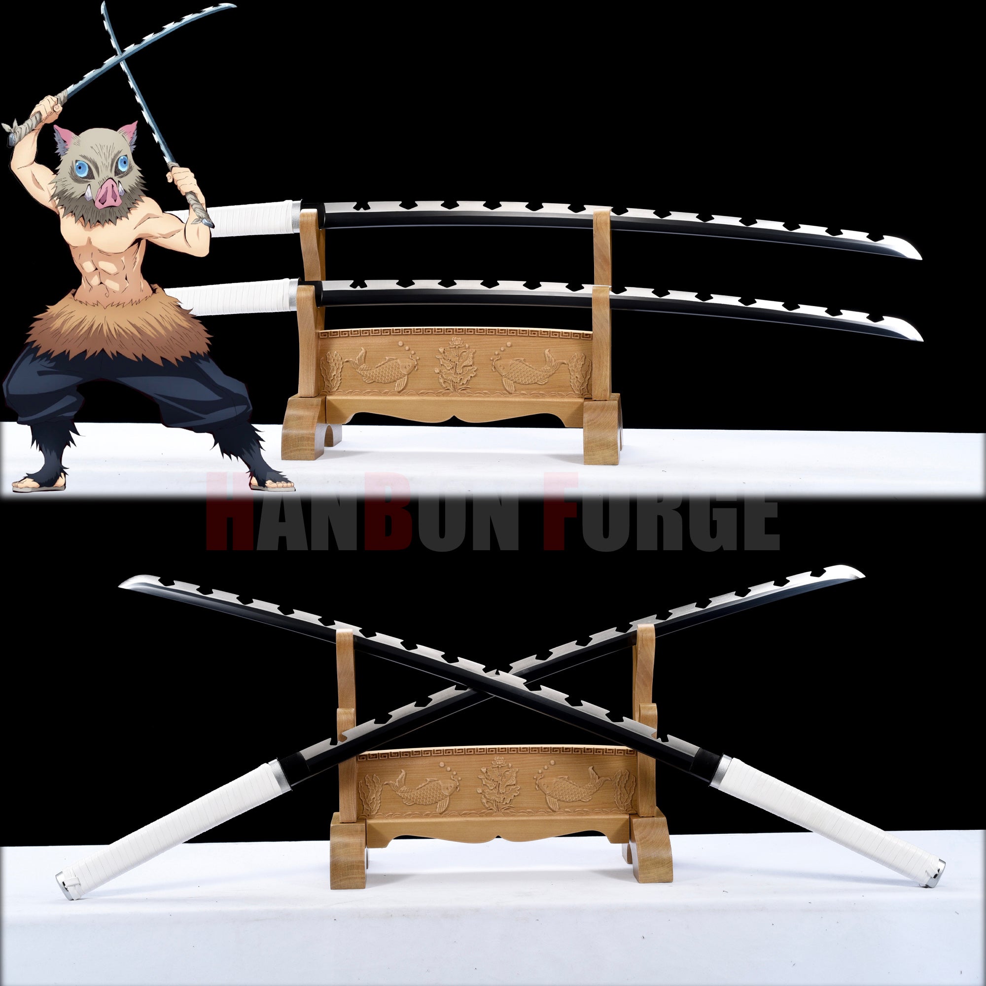 Demon Slayer – Inosuke Hashibira Dual Serrated Nichirin Katanas (Wooden Replica – 104 cm)